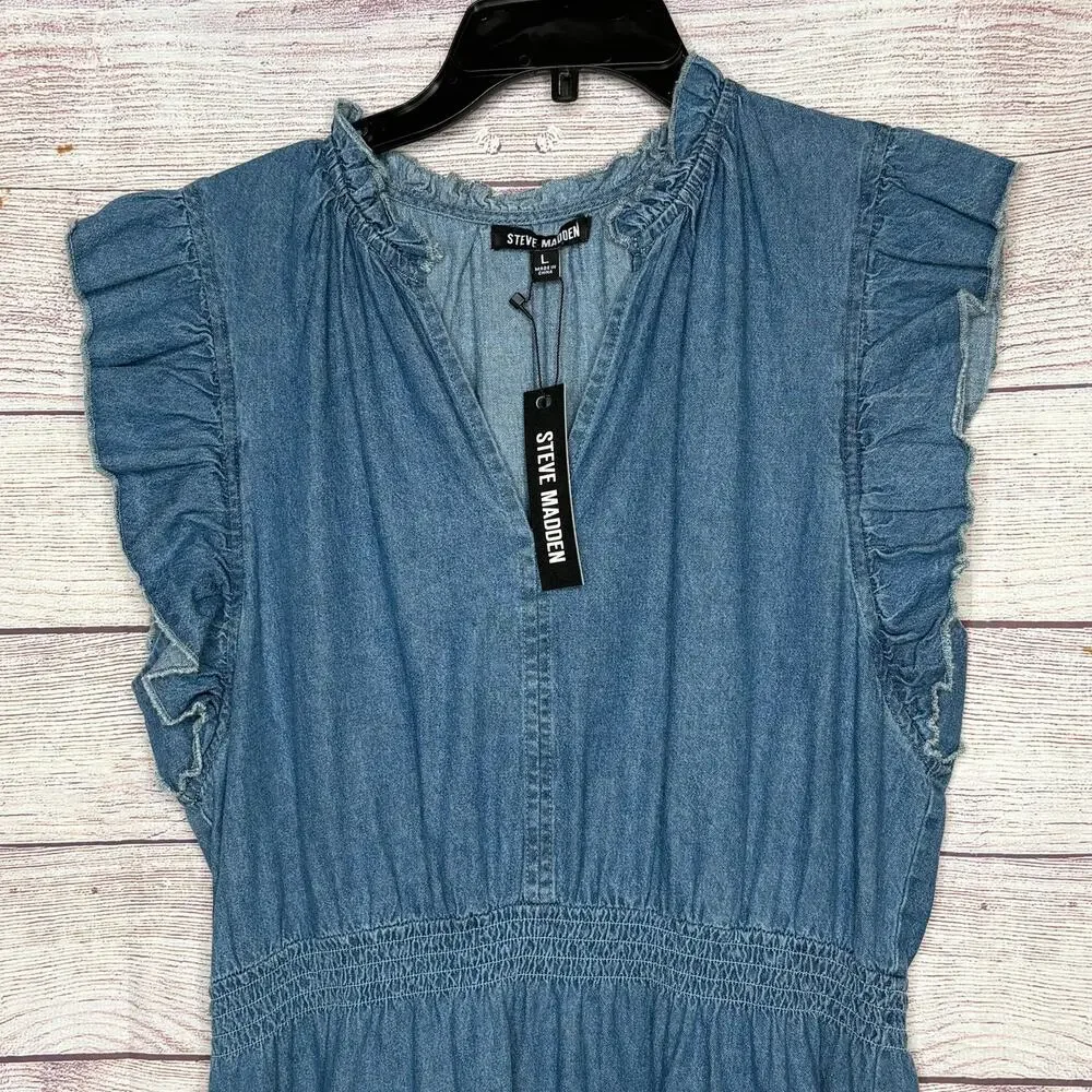 Steve Madden Prairie Dreams Chambray Blue Western Smocked Dress Size Large New - Picture 11 of 14